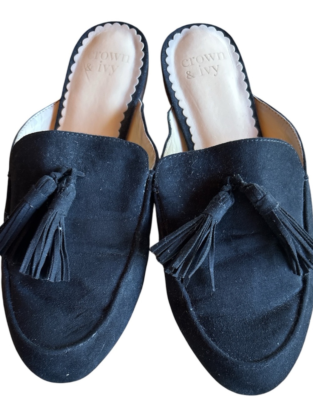 crown & ivy Black Suede Tassel Mule Slides